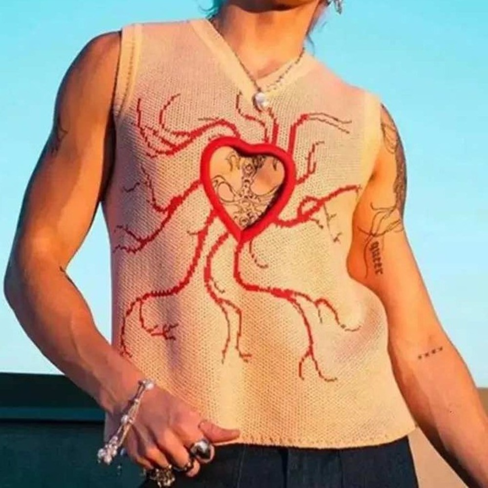 Vladislav Slobodskoy Peach Pink Heart Cutout Vein Knit Sweater Vest Mens Womens